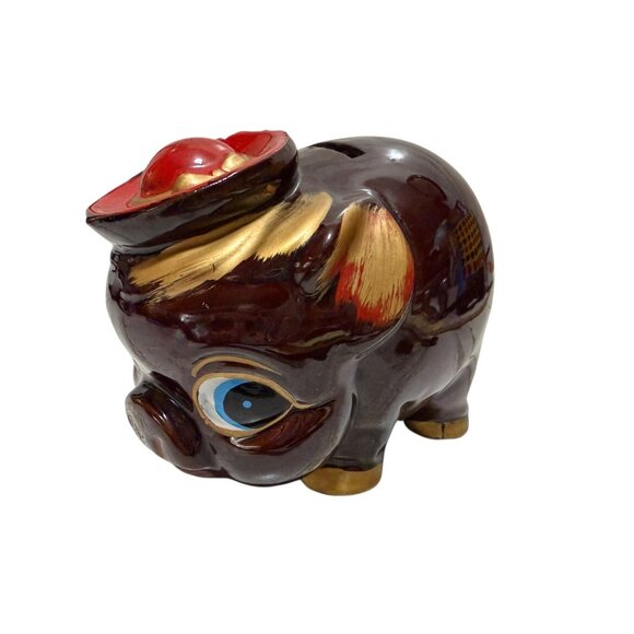 Vintage Ceramic Glossy Brown Piggy Bank Hat Coin Slot Stopper Decorative Japan - Picture 1 of 8